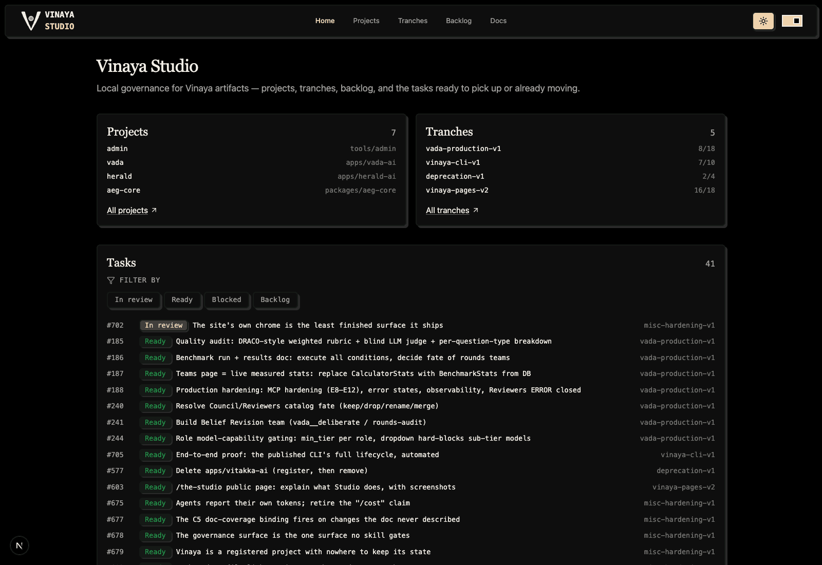 Vinaya Studio dashboard showing Projects and Tranches preview cards and the Tasks card with its status filter chips
