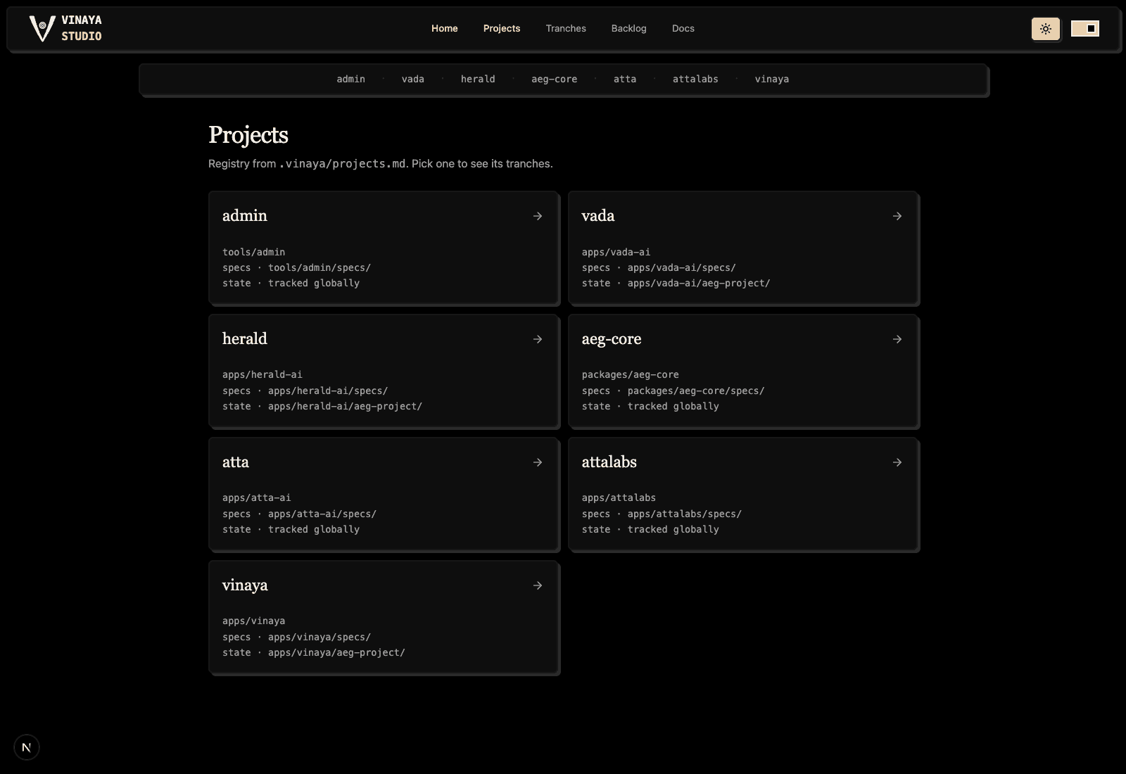 Vinaya Studio Projects page showing the project cards grid