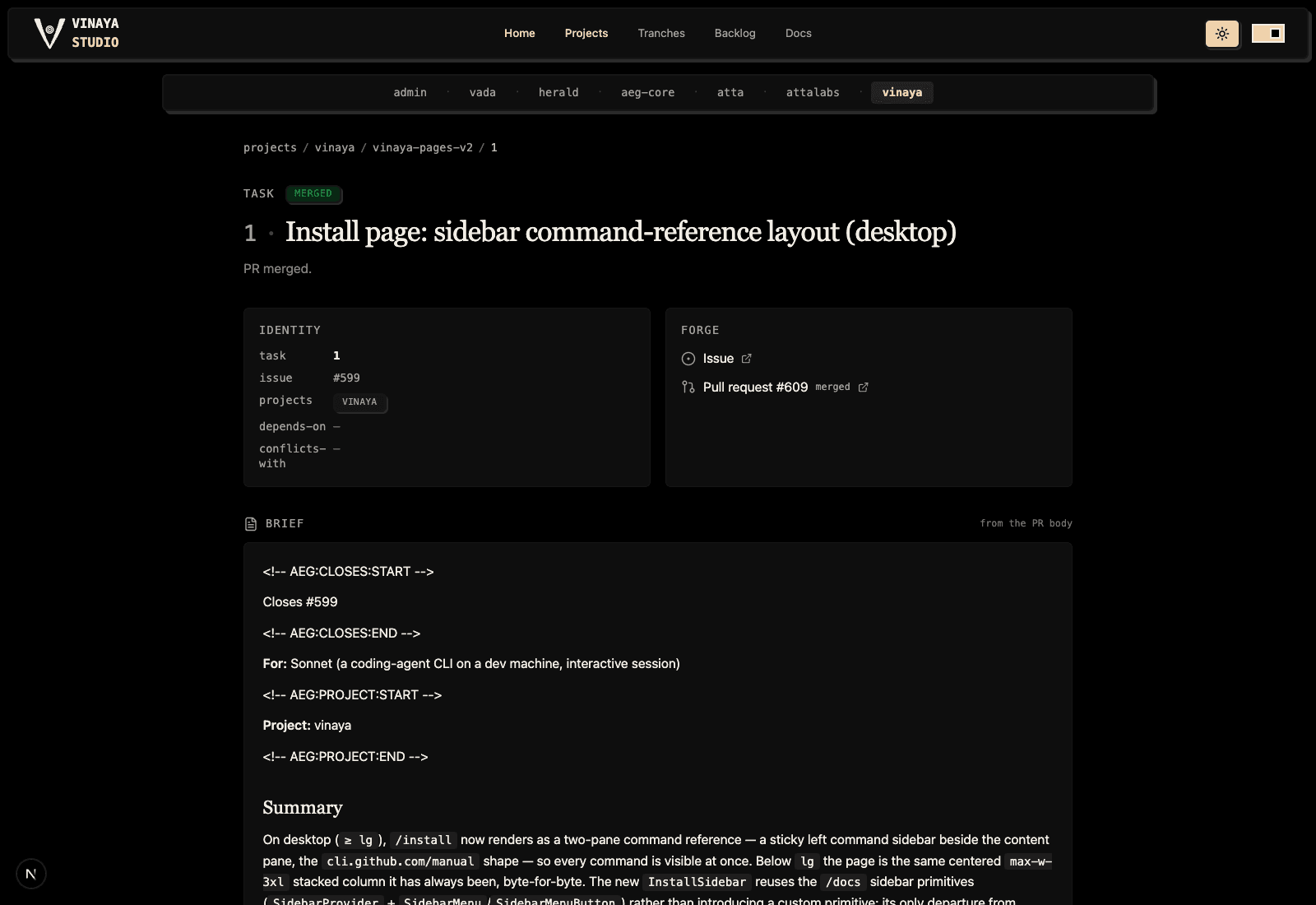 Vinaya Studio task page showing a task's status, its GitHub Issue, and its merged pull request