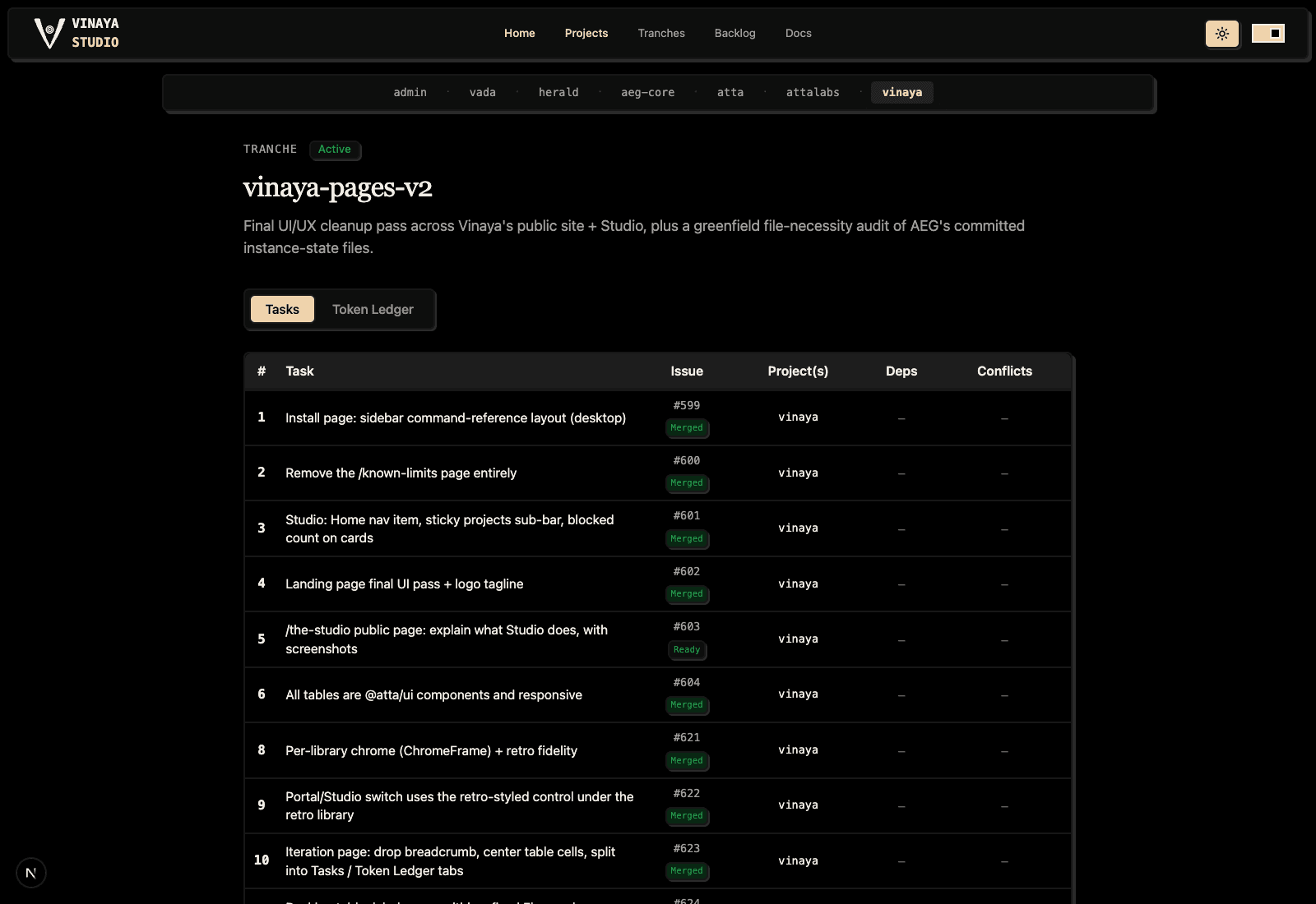 Vinaya Studio tranche board Tasks tab showing the tasks table with status badges, Project(s), Deps, and Conflicts columns